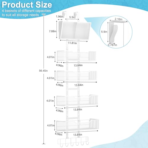 Hongtamoya Adjustable Over The Door Organizer, Hanging Door Storage with PVC Pocket and 4 Metal Baskets Wall Mount, Closet Door Organizer Behind Door Rack for Bathroom Bedroom Closet, White - color: White