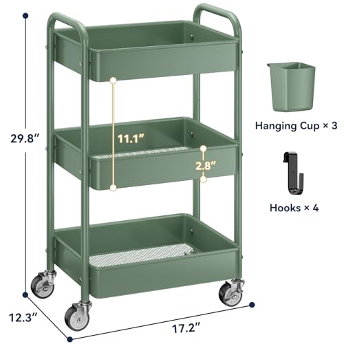 YASONIC 3-Tier Rolling Cart, Green, 66 Pounds Capacity, Mesh Storage Organizer with Lockable Wheels, 3 Hanging Cups, 4 Hooks, Easy Assembly, for Kitchen, Bathroom, Laundry, Grocery - color: Green