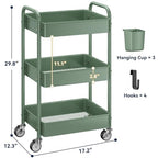 YASONIC 3-Tier Rolling Cart, Green, 66 Pounds Capacity, Mesh Storage Organizer with Lockable Wheels, 3 Hanging Cups, 4 Hooks, Easy Assembly, for Kitchen, Bathroom, Laundry, Grocery - color: Green
