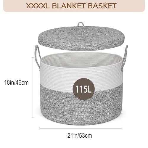 21" x 18" Extra Large storage baskets,Decorative blanket basket with lid for Living room,rope baskets with lid,wicker hamper for bedroom,Big,Round,White & Grey 115L - color: White & Grey