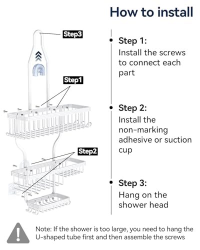 YASONIC Never-Rust Aluminum Hanging Shower Caddy – Over-the-Showerhead Organizer with 10 Hooks for Razor and Sponge – Includes Soap Basket – White - color: White