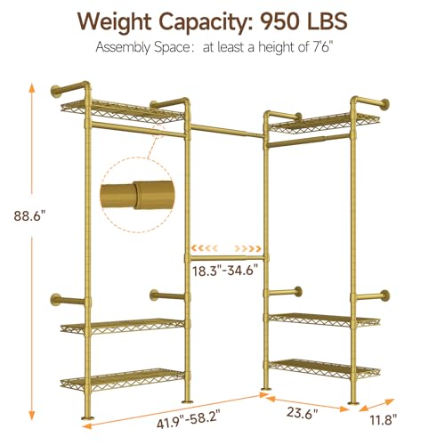ONBRILL L3 Wall Mounted Industrial Pipe Closet System, Corner Closet Organizers with 4 Telescopic Rods & 6 Shelves, Heavy Duty Clothing Clothes Rack in Wardrobe Closet (Gold) - color: Gold