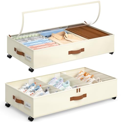 Yecaye Under Bed Storage with Wheels, 2 Pack Under Bed Storage Containers with Adjustable Dividers & Clear Lid, Rolling Underbed Organizer Bins Drawer for Clothes, Shoes, Blankets(30.3 x 16 x 6.7in) - color: Beige, size: Large(2Pack)