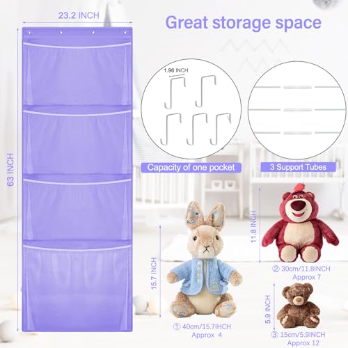 Woodoulogy Hanging Stuffed Animal Storage, Over Door Large Plush Toy Organizer with Metal Hook, Baby Accessory Holder Idea for Nursery, Doll & Bear Mesh Hammock Bag for Girl Boy Kid Room - color: Purple