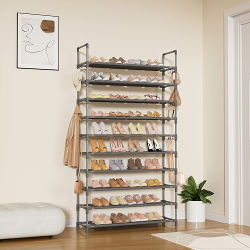 LANTEFUL Tall Shoe Rack 10 Tier Shoe Organizer Large Shoe Shelf with 18 Hooks Storage for 50 Pair Sneaker and Boot, Stackable Vertical Shoe Rack Organizer for Closet, Entryway, Bedroom, Grey - color: Grey, size: 10 Tier-68" High-34" Wide