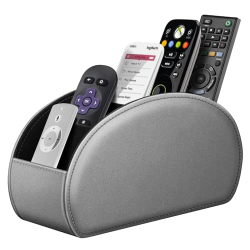 Fintie Remote Control Holder, 5 Compartments Vegan Leather TV Remoter Caddy Desktop Organizer Makeup Brush Holder Storage Fits TV Remotes, Media Controllers, Office Supplies(Silver Gray) - color: Silver Gray