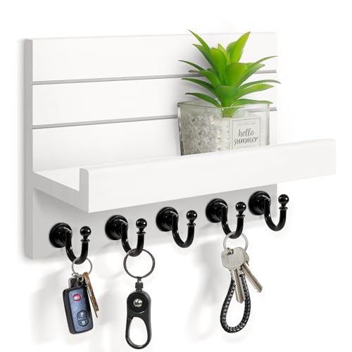 HONJIN Key Holder for Wall: Easy Installation Mail Organizer Wall Mount Hanging Key Rack for Kitchen and Entryway Decor with 5 Sturdy Key Hooks (White) - color: White