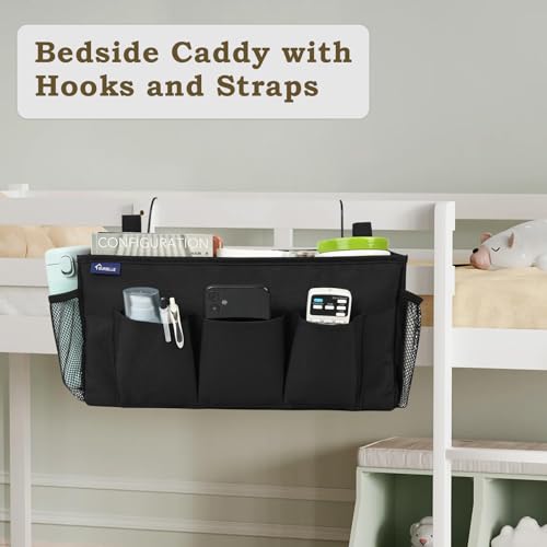 Surblue Bedside Organizer with Hook Bedside Caddy Hanging Storage Bag with Adjustable Strap and Water Bottle Holder for Home College Dorm Bunk Bed Accessories, Crib Bed Rail, Hospital Bed, Black, 2PCS - color: 2Pcs Black