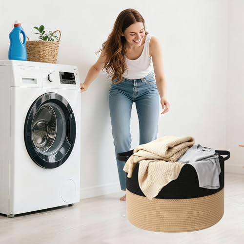 115L Extra Large Blanket Basket,Woven Rope Laundry Basket Hamper with Handles, Decorative Nursery Basket Storage Bin for Toys, Clothes Organizer, Living Room, Bedroom, Bathroom, Black&Camel - color: Black&Camel, size: 23.6"L x 23.6"W x 15.7"H(115L)
