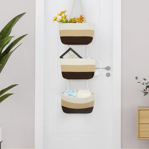 TeoKJ Over the Door Hanging Basket, 3-Tier Woven Cotton Wall-Mounted Storage Organizer Bag Decorative Hanging Nursery Baskets，Gradient Brown - color: Gradient Brown