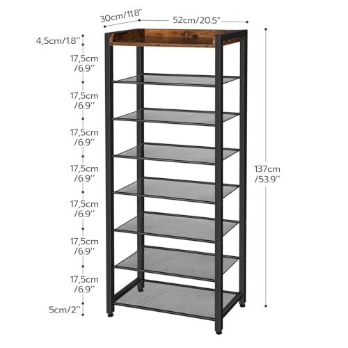 HOOBOR 8 Tier Shoe Rack, Large Capacity Shoe Storage for 14-16 Pairs, Sturdy Metal Shoe Shelf for Closet Entryway, Space Saving Shoe Organizer for Sneakers Heels, Rustic Brown BF48XJ01 - size: 20.5" L x 11.8" W x 53.9" H