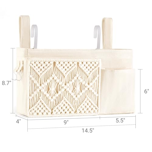 Mkono Bedside Caddy Hanging Organizer, Boho Macrame Storage with Fixed Straps and Hooks, 4 Pockets Holder Remote Magazine Accessories for Home Loft Bunk Bed, Dorm, Hospital Beds