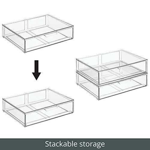 mDesign Wide Plastic Stackable Bathroom Storage Organizer Bin with Pull Out Drawer for Cabinet, Vanity, Shelf, Cupboard, Cabinet, Countertop, Closet Organization - Lumiere Collection - 2 Pack - Clear - size: 12 x 16 x 4 (Pack of 2)