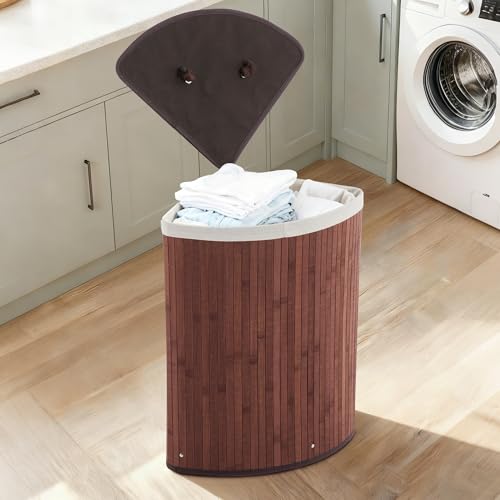 Bamboo Laundry Hamper Large 58L with Removable 2-Section Liner, Foldable Storage Basket with Lid and Handles for Bedroom, Laundry Room, Small Spaces – Brown - Triangle - color: Brown - Triangle