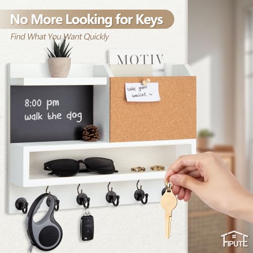 Key Holder for Wall Mount with Mail Organizer, Farmhouse Key Holder for Wall with Shelf, Chalkboard&Corkboard, Entryway Organizer 11 Metal Hooks, Decorative Natural Pine Wood, 14.6*11.1*3.3”, B-White - color: White-b