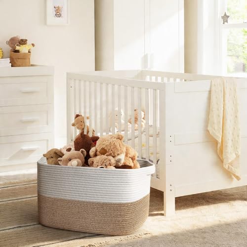 MEGASKET Extra Large Blanket Basket, 22" x 17" x 12" Rectangle Blanket Storage for Living Room, Soft Kids Dog Toy Basket Bin, Cotton Rope Baskets for Storage, Woven Throw Pillow Organizer Holder - color: White & Brown, size: 22"x17"x12"