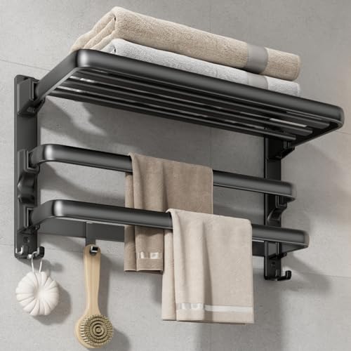 VOLDRA 24-Inch Towel Rack,Bathroom Towel Shelf with 2 Towel Bar Foldable Towel Holder with 7 Hooks Towel Storage Organizer for Bathroom & Lavatory Wall Mounted (Matte Black) - color: Matte Black, size: Extra 2 towel bar
