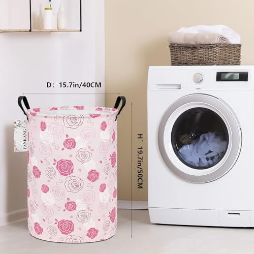 FANKANG Storage Basket, Nursery Hamper Canvas Laundry Basket Foldable with Waterproof PE Coating Large Storage Baskets for Kids Boys and Girls, Office, Bedroom, Clothes,Toys(Pink roses) - color: Pink roses
