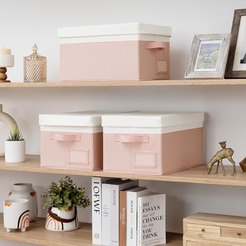 GRANNY SAYS Storage Bins with Lids, Storage Boxes for Organizing, Storage Baskets with Label, Closet Organizers and Storage, Storage Bins for Shelves, Decorative Storage Boxes, 3-Pack, Pink&Ivory - color: White&Pink, size: Medium