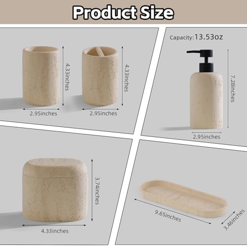 Bathroom Accessories Set, Travertine Stone-Look, 5 PCS Bathroom Accessory Set with 13.53 OZ Soap Dispenser, Toothbrush Holder, Tumbler, Vanity Tray, Cotton Swab Jars for Countertop (Yellow) - color: Yellow 5 Pcs