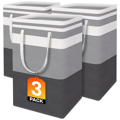 BlissTotes 3-Pack Laundry Basket, Freestanding＆Waterproof Laundry Hamper, Collapsible Tall Clothes Hamper with Easy Carry Handles for Clothes, Towels in the Family and Dorm,Gradient Grey,75L - color: Grey, size: 75L