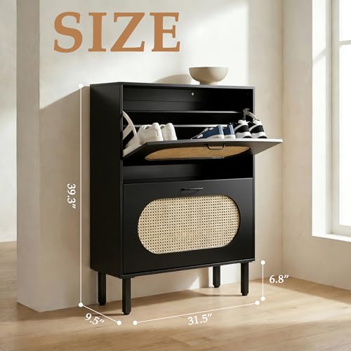 SUNCROWN Shoe Storage Cabinet with 2 Flip Drawers, Freestanding Narrow Shoe Rack Organizer for Entryway, Natural Semi-Circular Rattan Doors with Adjustable Shelves, Black - color: Black, size: Style A