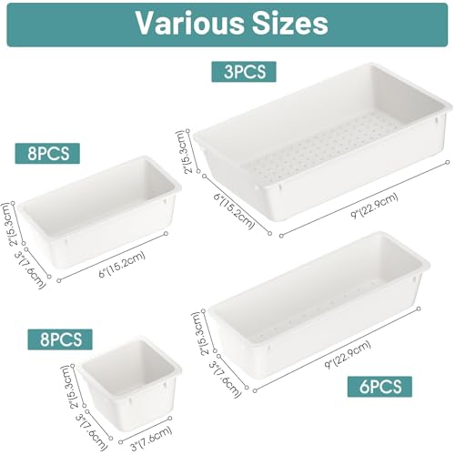 WOWBOX 25 PCS Plastic Drawer Organizer Set, 4 Sizes Desk Drawer Divider Organizers and Storage Bins for Makeup, Jewelry, Gadgets for Kitchen, Bedroom, Bathroom, Office, White - color: White