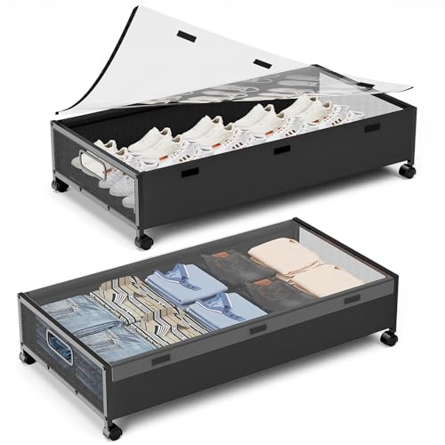 KITHELP Under Bed Storage Containers with Wheels, 2 Pack Underbed Shoe Storage Organizer with Removable Lids, Large Rolling Under Bed Storage Dresser Drawers for Clothes Toys Shoes Blankets - color: Black-2pack