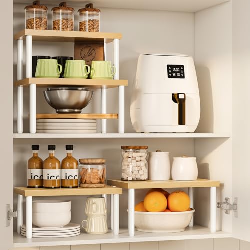 HOOBRO Cabinet Organizer Shelf, kitchen countertop organizer, Kitchen Storage, Spice Rack for cabinet, Stackable, Expandable, for Countertop,kitchen,cabinet, White and Natural WN15TL01 - color: Natural+White