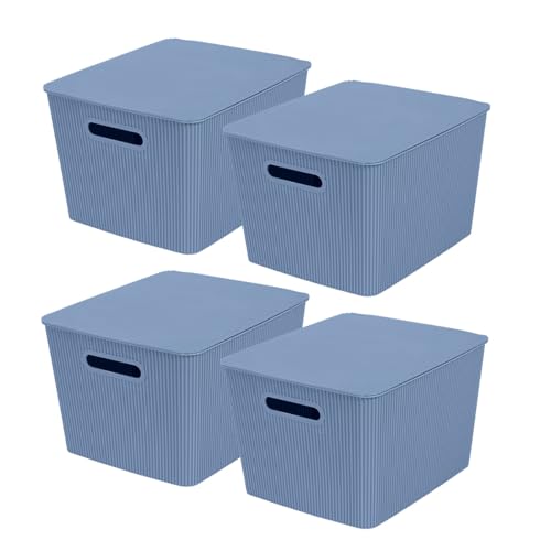 Glad Storage Baskets with Lids - Set of 4 Stackable Plastic Boxes with Handles - Decorative Shelf Organizer Bins for Bathroom and Closet, Blue, 4.7 Gallon - color: Blue, size: 4.7 Gallon