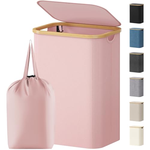 Lifewit 80L Laundry Basket with Lid, Clothes Hampers for Laundry with Bamboo Handles and 1 Removable Bag, Large Foldable Laundry Hamper for Bedroom, Bathroom, Dorm, Laundry Room, Pink - color: Pink, size: 80L