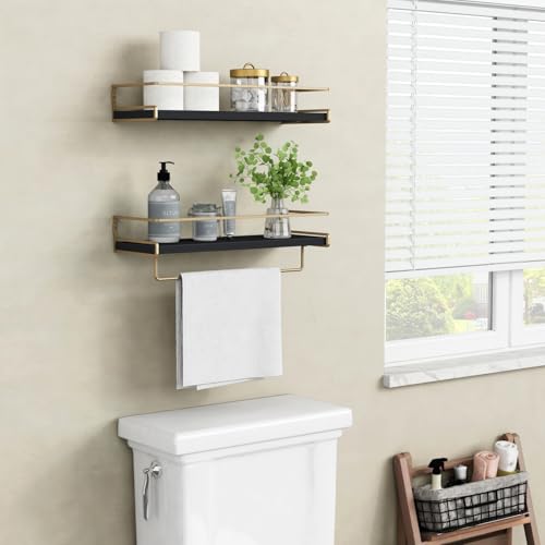 Forbena Black and Gold Bathroom Floating Shelves for Wall, Decorative Wall Mounted Shelves for Kitchen Coffee Bar Station Organizers and Storage, Hanging Shelving Unit for Bedroom Living Room (2-Pack) - color: 7. Black-gold