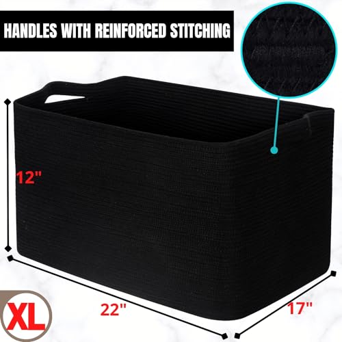 MINTWOOD Design 22in Extra Large Blanket Basket Holder Living Room, Rectangle Rope Woven Storage Basket with Handles for Laundry, Pool Towels, and Shoes, Dog Toy Organizer Bin Box, Full Black - color: Full Black