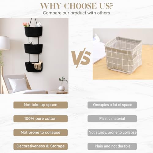 TeoKJ Over the Door Hanging Basket, 3-Tier Woven Cotton Wall-Mounted Storage Organizer Bag Decorative Hanging Nursery Baskets, Black - color: Black