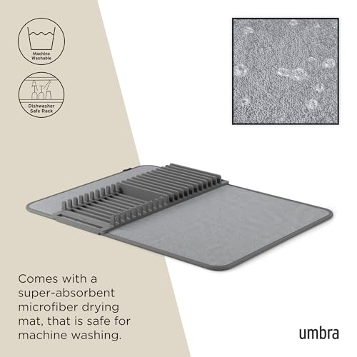Umbra Udry Dish Rack and Microfiber Drying Mat – Space-Saving Design Folds Up for Easy Storage, Basic Rack, Dark Grey - color: Gray, style: Basic Rack