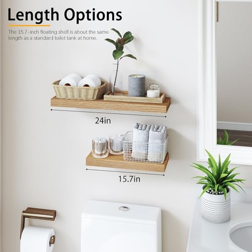 INHABIT UNION Oak Floating Shelves for Wall，24in Wall Mounted Display Ledge Shelves Perfect for Bedroom, Bathroom, Living Room and Kitchen Decoration Storage (Oak, Set of 2) - color: Oak, size: 24 Inch