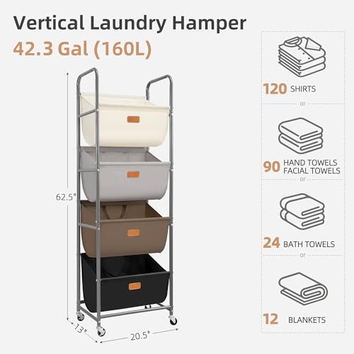 STORAGE MANIAC Vertical Rolling Laundry Hamper, 4 Section Laundry Sorter with Wheels and 2 Breaks, 4-tier Laundry Baskets for Small Space, Dorm, Laundry Room, Closet, Multicolored 4-tier - color: Multicolored, size: 4 Tier