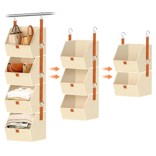 MSJGA 4-Tier Hanging Closet Organizer and Storage with Detachable Bins, Fabric Hanging Shelves for Closet, Dorm, Rv, Space-Saving Collapsible Basket for Handbags, Clothes (47” H)