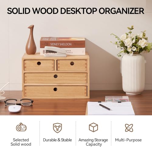 Kirigen Natural Wood Desktop Organizers with Drawers - Home Workspace Office Supplies Wooden Storage Box Shelf Case - Hold Makeup Box (NA, 3-Layer &4 Drawers) - color: Natural, size: 3-layer &4 drawers