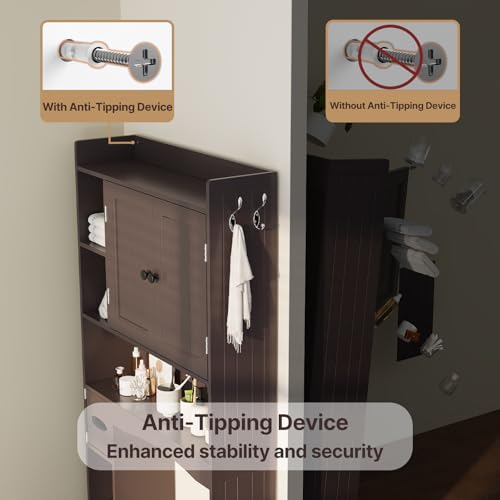 Gizoon Over The Toilet Storage Cabinet, 66''H Over Toilet Storage Cabinet, with Paper Holder, Adjustable Shelves, 2 Doors, Over Toilet Bathroom Organizer, 2 Side Hooks, Space-Saver, Dark Brown - color: Dark Brown