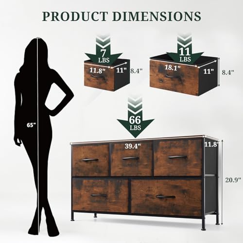 5-Drawer Dresser for Bedroom, Anti-Tip Wide Storage Organizer Fabric Chest of Drawers TV Stand for 45" TV with Wooden Top and Metal Frame for Closet, Living Room, Hallway, Entryway, Brown - color: Brown, size: 11.8"D x 39.4"W x 20.9"H (5 Drawers)