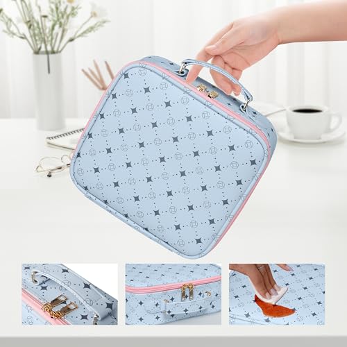 M Y U R E N Travel Makeup Bag,Waterproof Cosmetic Organizer, Adjustable Dividers,Portability Cosmetic Train Case,Makeup organizer,Gift for Women,Girls Gift (Blue+Pink) - color: Blue+Pink