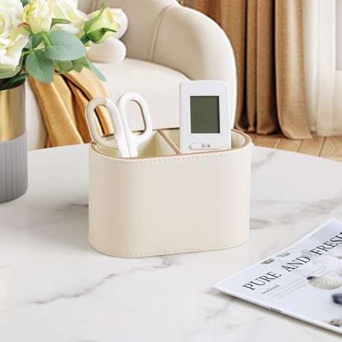 PU Leather Pen Holder for Desk, Small Remote Control Holder Pencil Cup Multifunctional Desktop Organizer Caddy for Home School Office Desk Accessories - 2 Compartments (Beige) - color: Beige