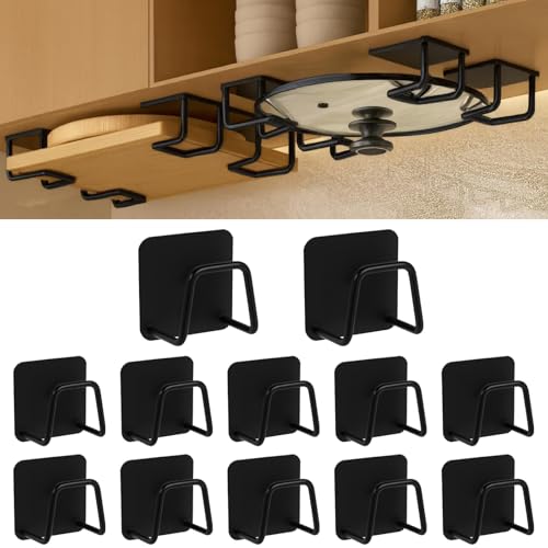 Under Cabinet Cutting Board Holder – 12 Pack Pot Lid & Chopping Board Organizer Rack, Stainless Steel Adhesive Storage for Kitchen Cabinets & Counter, No Drilling Required (Black)