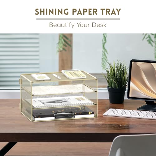 DALTACK 3 Tier Letter Tray Paper Organizer for Desk, Mesh Metal Desk File Organizer with Sliding Trays for Letter/A4 Paper, Mail, Bills & Folders, Yellow - color: Golden Yellow