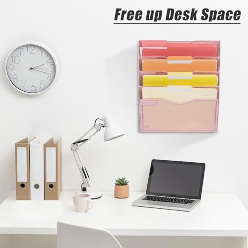 EASEPRES 5 Pocket Mesh Hanging Wall File Organizer, Wall Mounted Mail Paper Document Folder Holder, Clipboard Storage Organization Magazine Rack with Nametag Label for Office Home School, Pink - color: Pink, size: 5 Tier