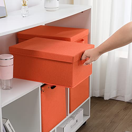 HOONEX Storage Bins with Lids for Organizing, Pack of 2, Storage Boxes with 2 Carrying Handles and Sturdy Heavy Cardboard, 16.5" L x 11.8" W x 7.5" H for Shoes, Books, Clothes, Nursery, Orange - color: Orange