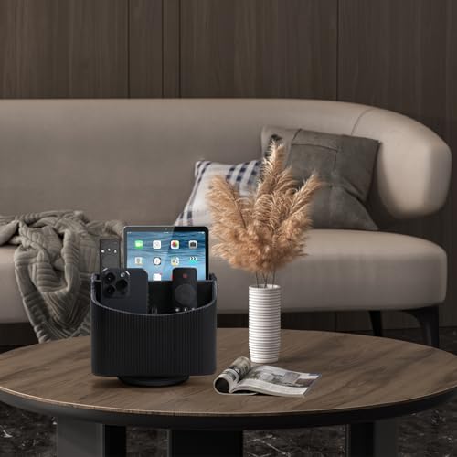 PU Leather Remote Control Holder, 360 Degree Rotating Desk Organizer Storage Table Remote Caddy, Spinning Bedside Organizer Nightstand Organizer for Desktop Office Home Black - color: Black