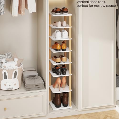 LUCKNOCK Vertical Shoe Rack, 8-Tier Tall Narrow Shoe Organizer for Entryway, Closet, Dorm & Small Spaces, Freestanding Wooden Shoe Shelf Tower for Boots, Sneakers, Heels. (White) - color: white