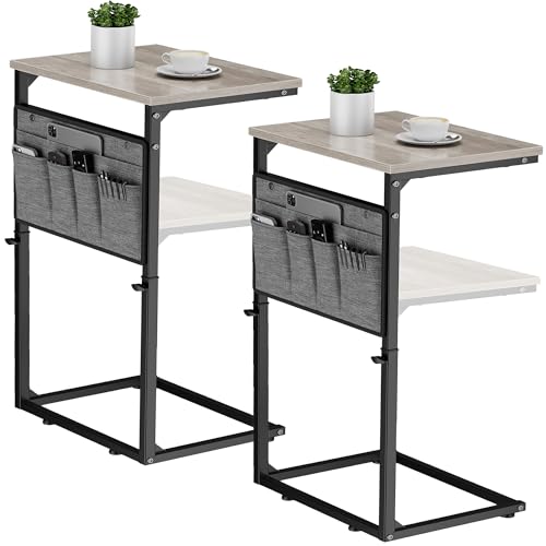 Vagusicc C Shaped End Table, Set of 2 Tall Side Table for Couch, Adjustable Height Small Couch Side Table for Small Spaces, End Table Slide Under Sofa Table TV Tray Arm Table for Living Room, Grey - color: Greige 2pc